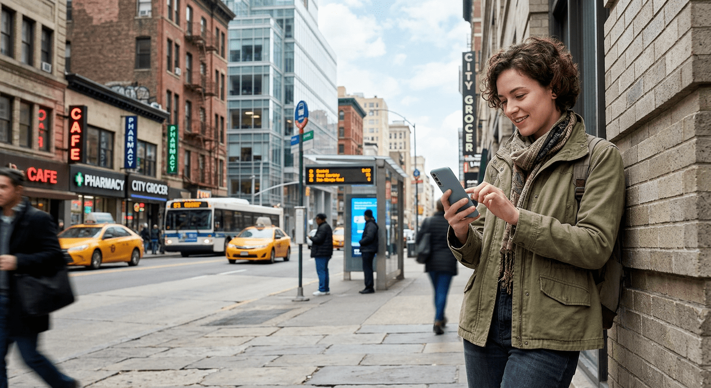 Woman using smartphone on a busy urban sidewalk next to bus stop
