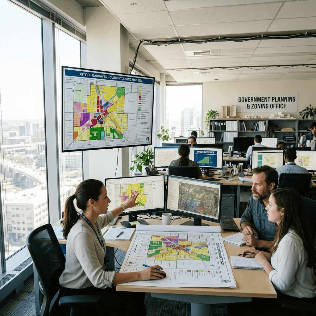 Three city planners reviewing and discussing a zoning map in an office