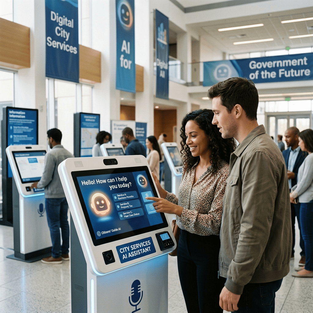 Two people interacting with a city services AI assistant kiosk in a public building lobby.