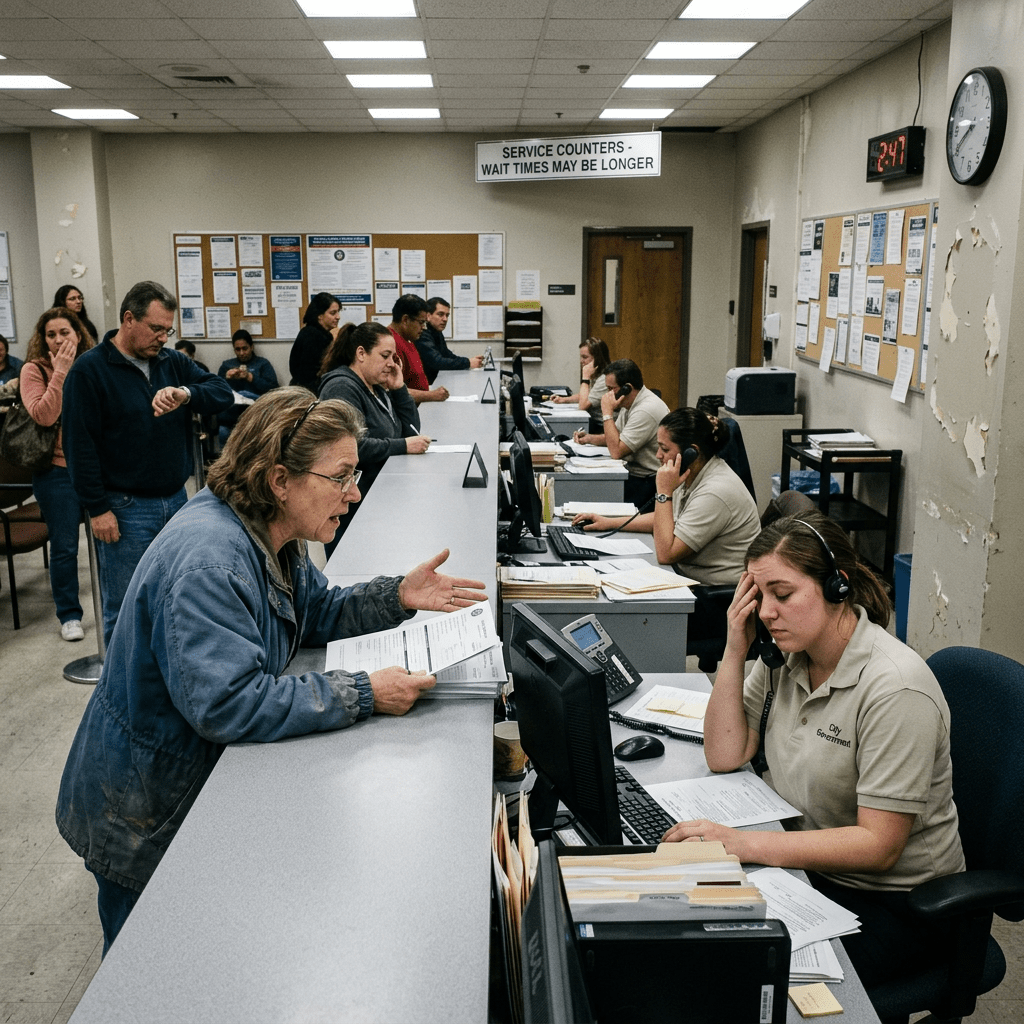 People waiting and interacting with staff at a government service counter with a sign warning of longer wait times