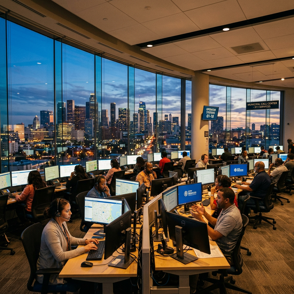 Call center operators at workstations with multiple monitors and city skyline view