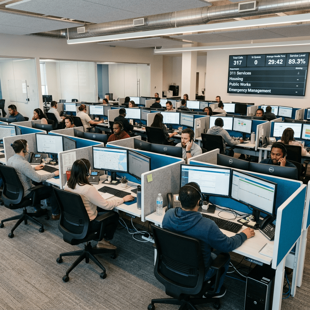 Call center staff at individual desks with headsets using computers