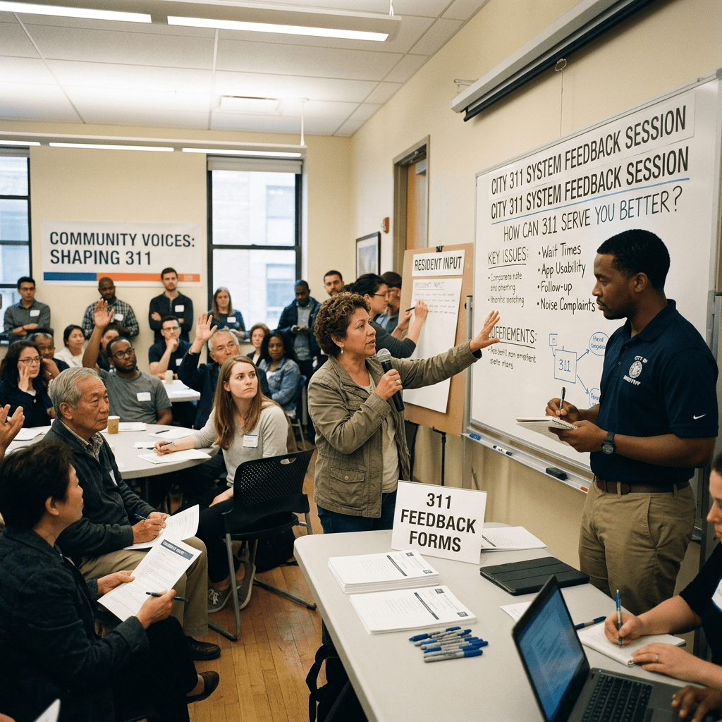 People gathered in a room during a 311 system feedback session with discussion and notes on a whiteboard