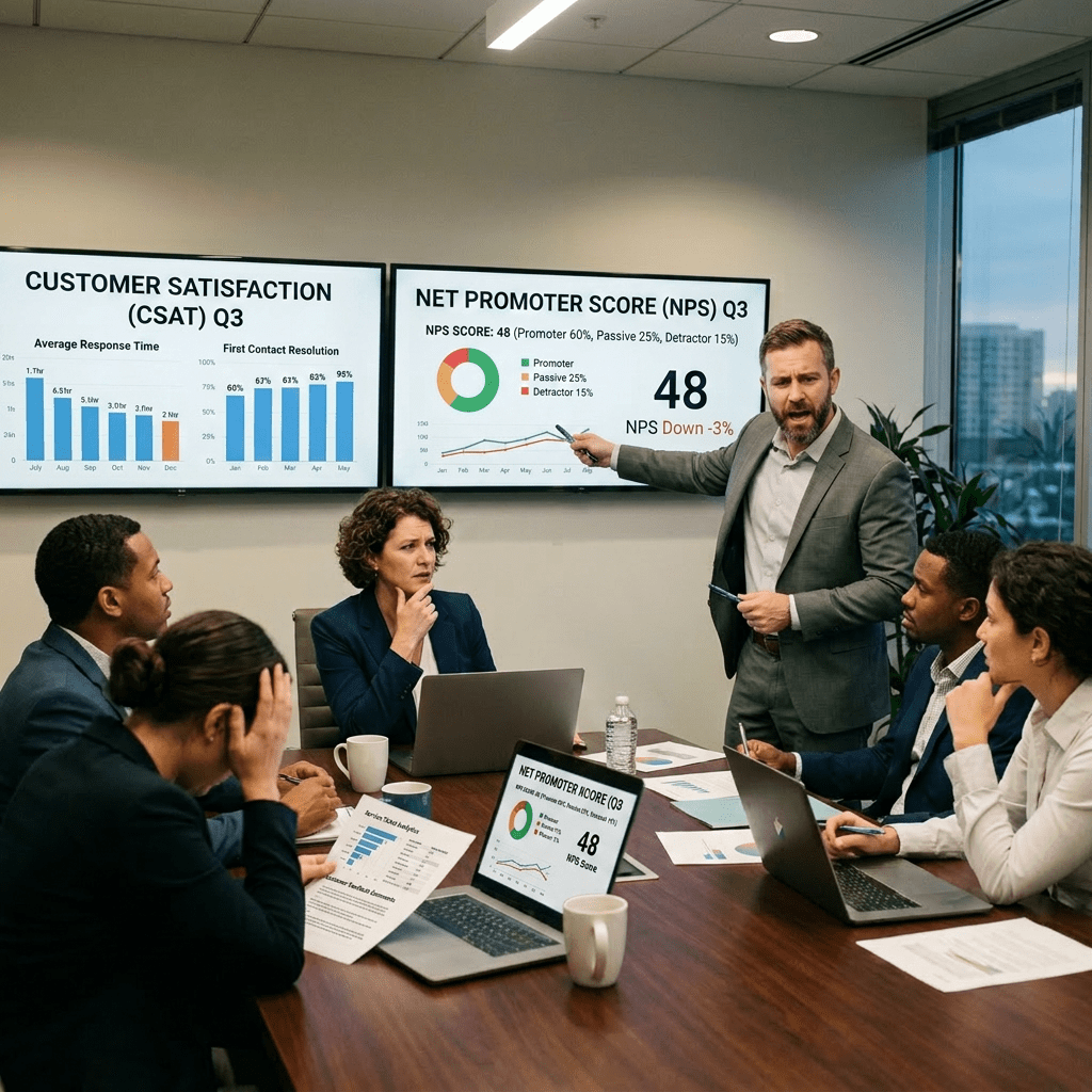 Business meeting with a man presenting Q3 sales up 15% and marketing leads down 8%