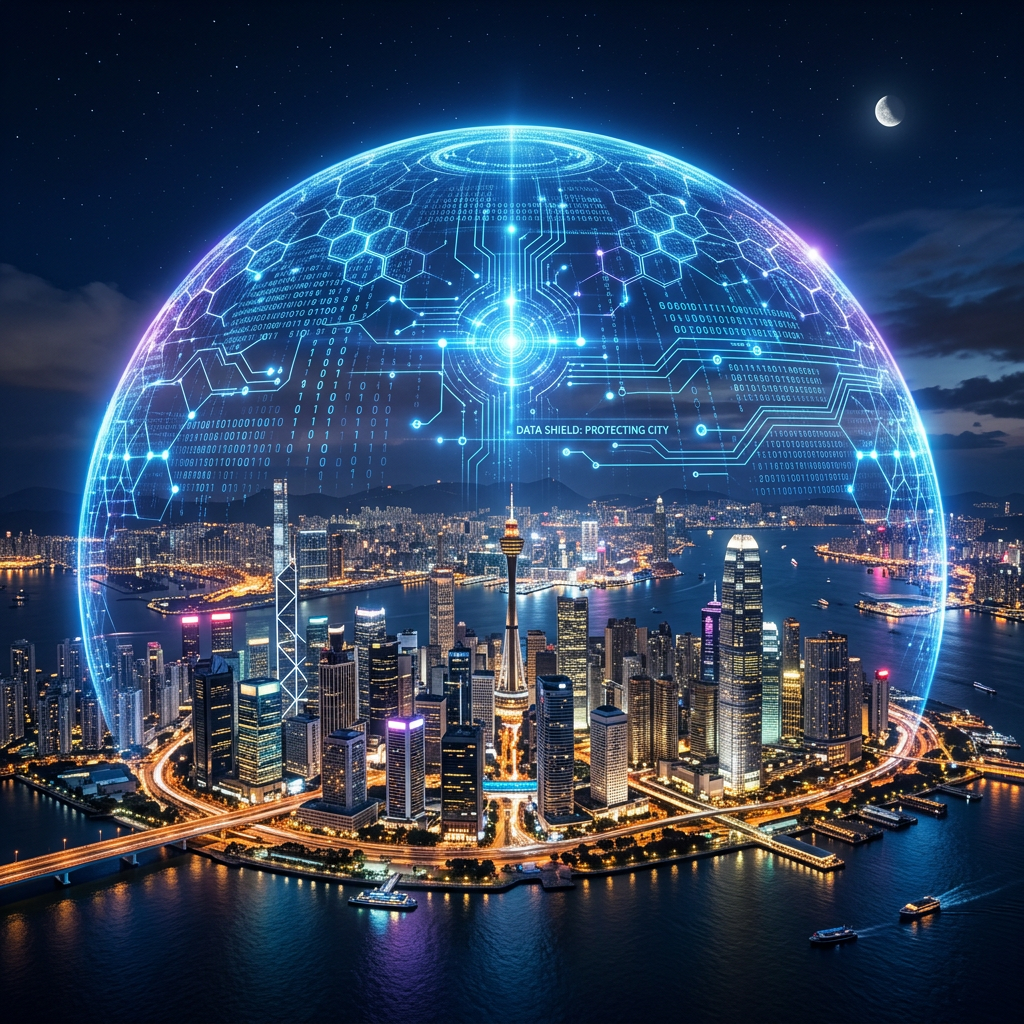 Night city skyline under a glowing digital data shield dome
