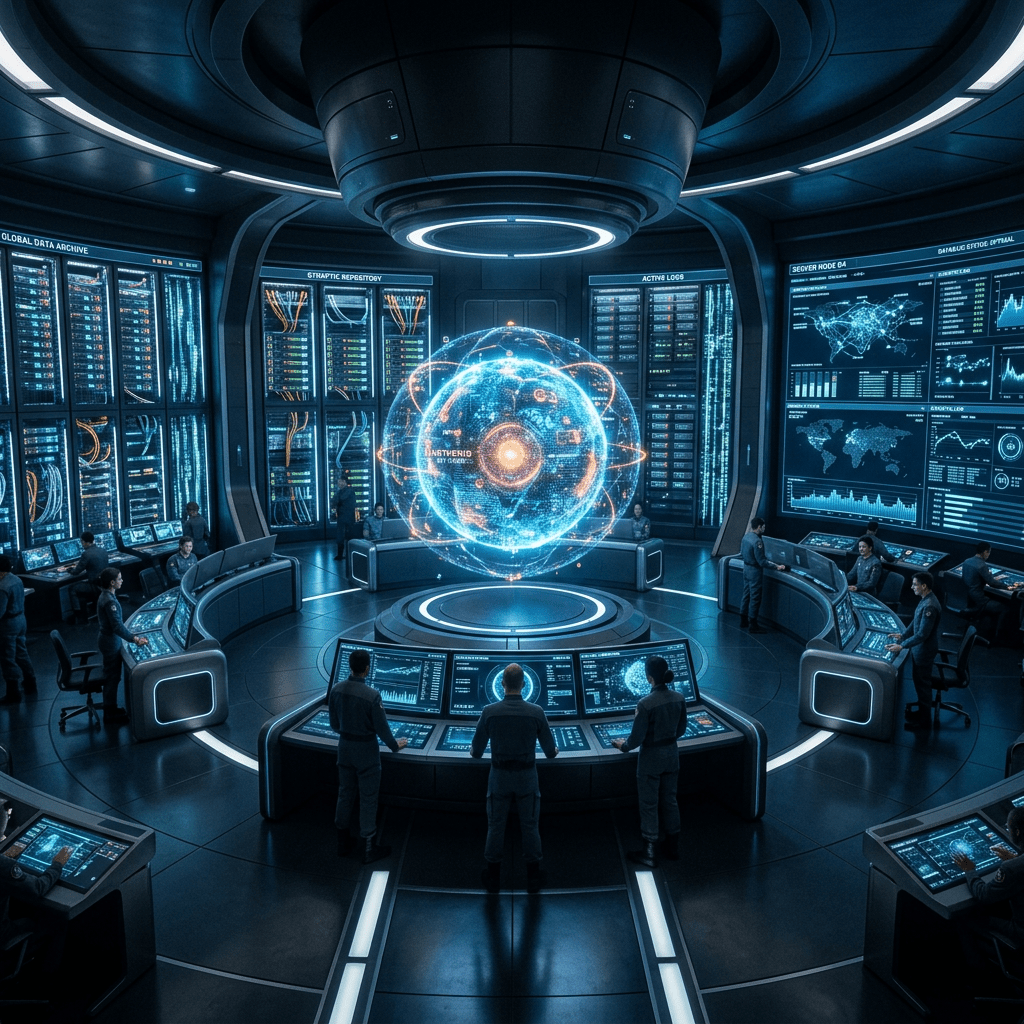 Futuristic control room with people analyzing data on curved screens surrounding a holographic globe