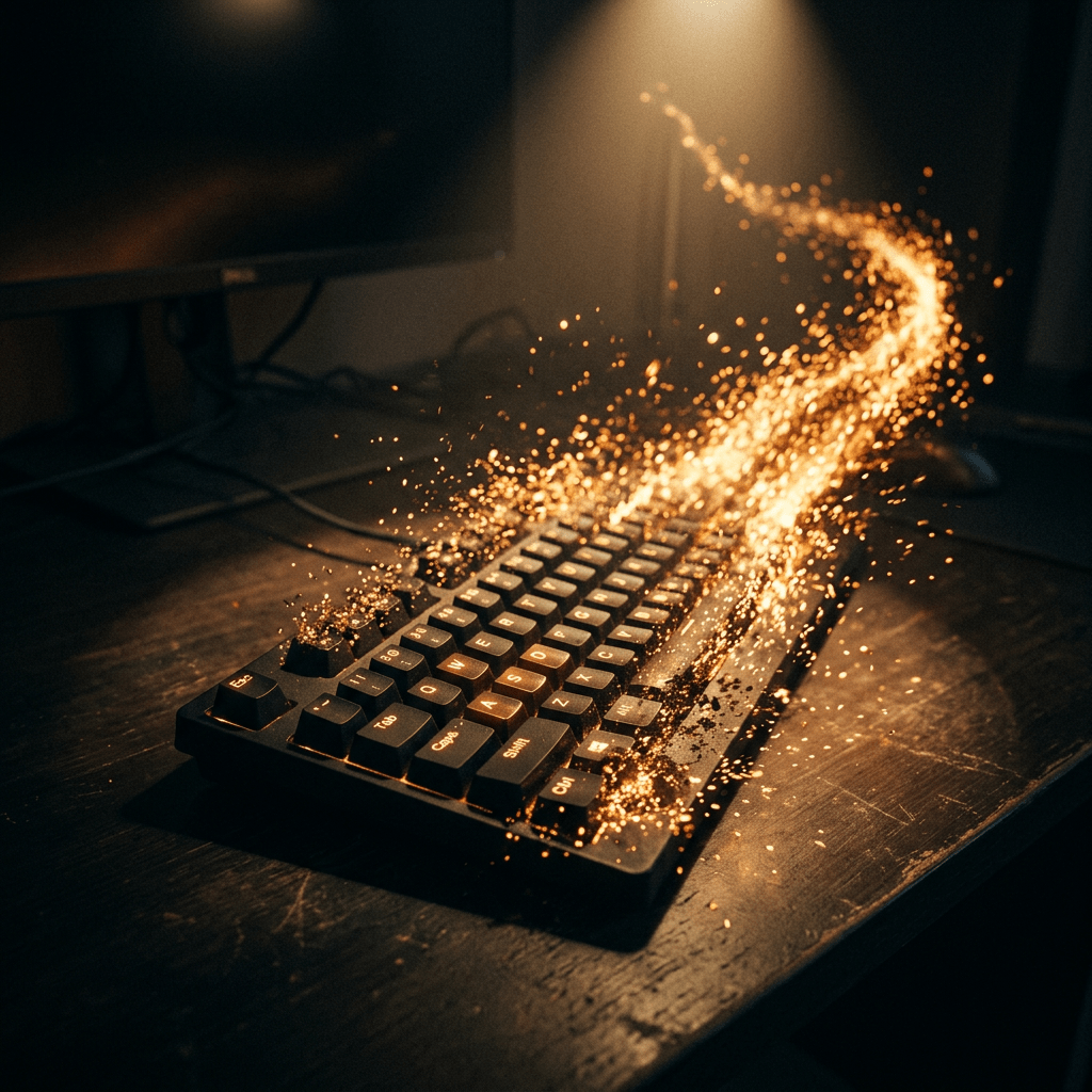 Keyboard on desk with glowing golden sparkles flowing from it