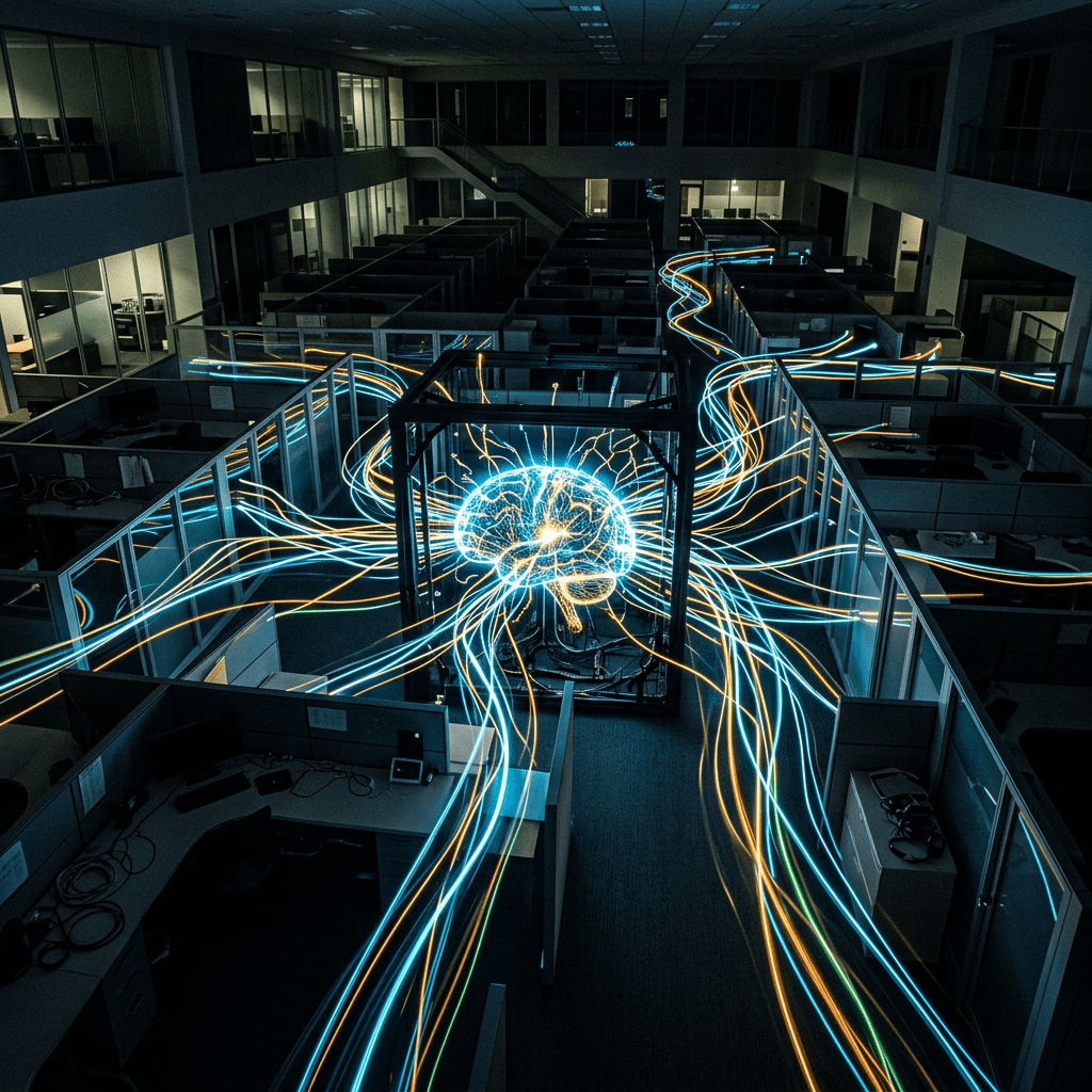 Glowing digital brain with neon data streams flowing through office cubicles