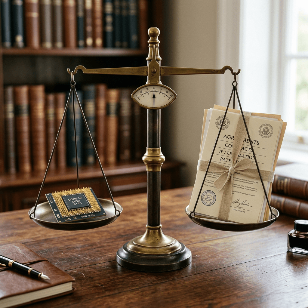 Balance scale with a computer chip on one side and legal documents on the other