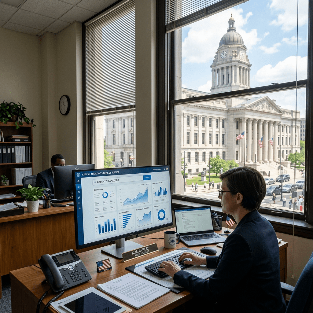 Legal analyst working at desk with computer displaying case data and charts, courthouse visible through window