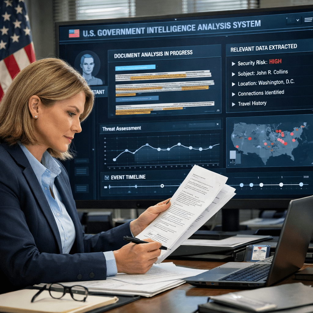 Intelligence analyst reviewing documents with threat assessment and map on screen